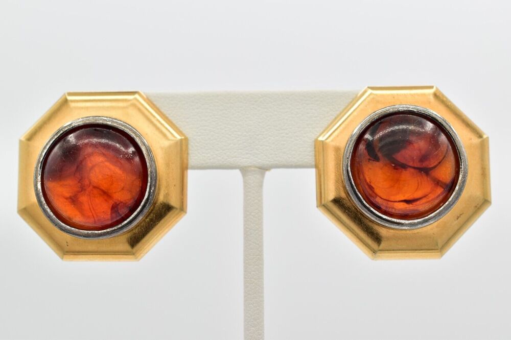 Vintage Cabochon Clip On Earrings Tortoise Amber Gold Tone Chunky 1980s BinAI